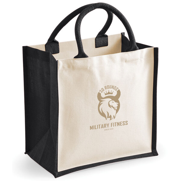 30 Rounds Military Fitness  - Printers midi jute tote Thumbnail